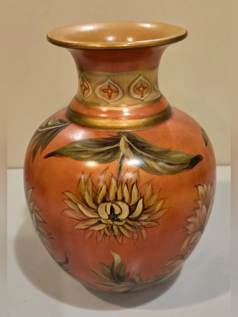 Vintage Toyo Hand-Painted Floral Ceramic Vase in Warm Terracotta